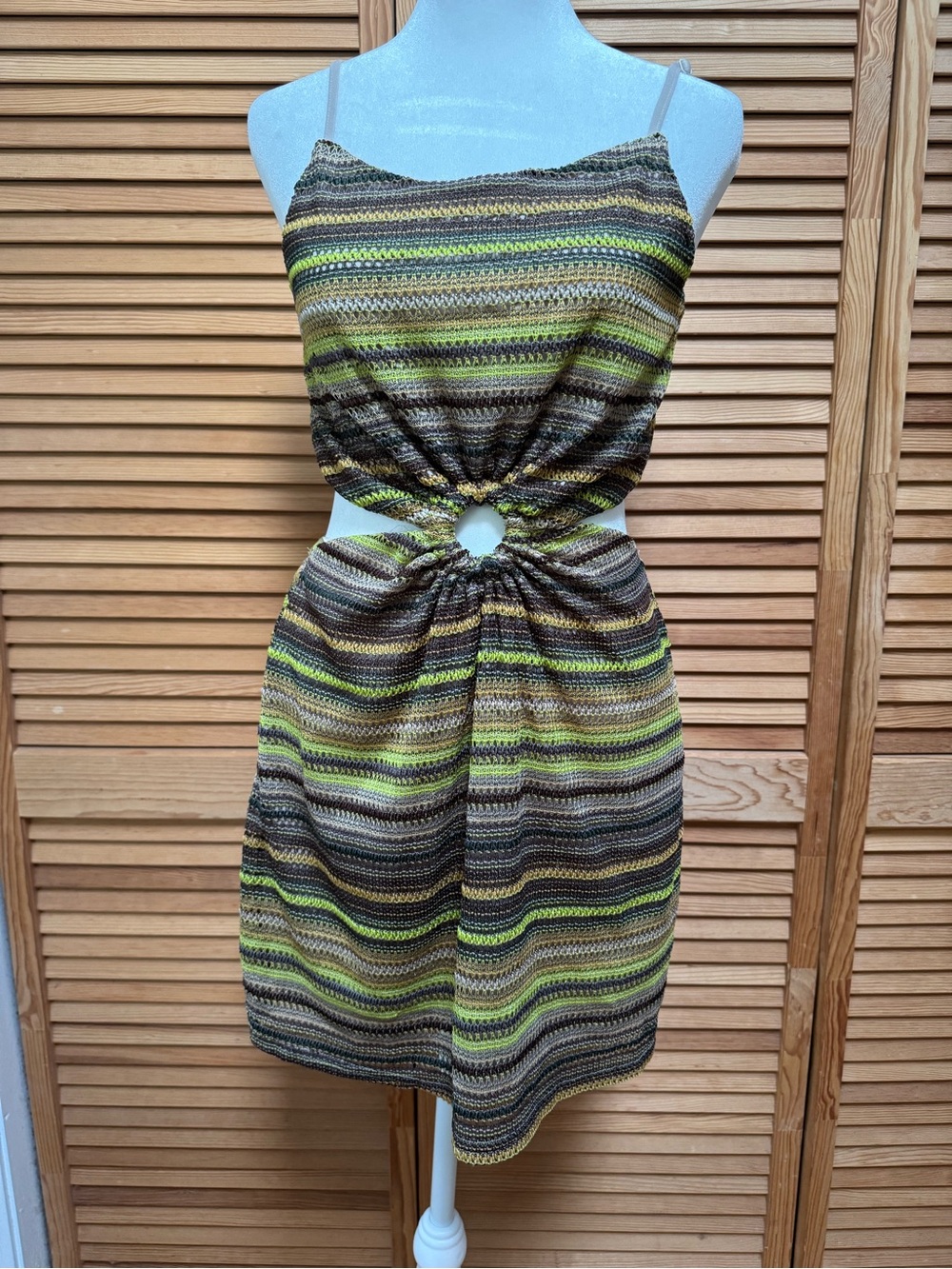 HYFVE Striped Crochet Knit Ring Cutout Midi Dress Size L Y2KStyle 70’s Vibe